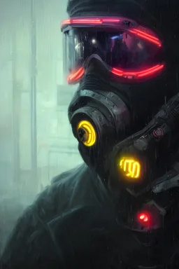 hyper realistic oil painting of an aggressive futuristic bounty hunter, close up, surrounded by neon, cyberpunk, black trench, black hoodie, masked face, fog, volumetric lighting, rain, puddles, creepy, by greg rutkowski