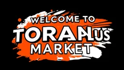 A design with the words (WELCOM TO TORANJ PLUS MARKET) in the middle of the image in a raised, three-dimensional manner with black shadows around the words on a saccodolic orange, red, and white background.