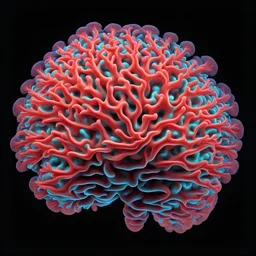 brain neon coral, single object, fractal, black background, hyper realistic lighting, surrealistic