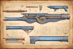 Hand drawn technical illustration , with detailed blueprints and engineering schematics of an antique matchlock pistol with highly detailed features, drawings, and technical notation, 8k, vibrant natural colors