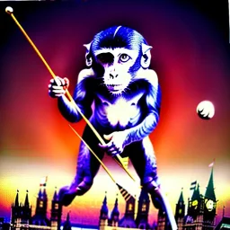 A monkey playing the drums, london skyline at night, in the style of Salvador Dali