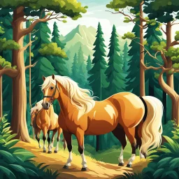 Ilustración estilo cartoon de bosque con caballos palomino calidad ultra