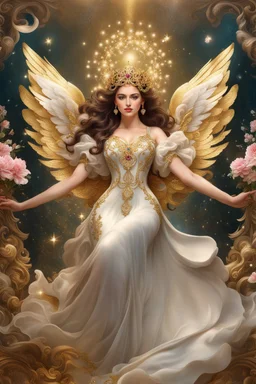 Photography realistic Beautiful Angel wearing a magical gown of swirly flowing marble water gold filigree curlicues, flowering flowers, bloom, sparkle, ornamental gilt, diamonds, rubies, emeralds, sapphires, beautiful, delicate, intricate, elegant, graceful, shiny, Hyperrealism, Rococo, expressive, spherical, zoom out, volumetric lighting