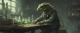 humanoid lizard chemist working on a laboratory table, post-apocalyptic, concept art