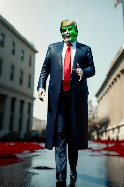 Ultra realistic image, Donald trump zombie, zombie performance, suit, skull, blood, torn arm, night, walking twisted, waist up view, thriller style, dark ambient, highly detailed, White House background, concept art, unreal engine 5, ray tracing, RTX, ultra detail, volumetric lighting, high definition, high resolution.