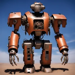 trash mech suit, human-sized, made of scrap metal, cockpit in chest cavity, light rust, round, loose wires, escape hatch