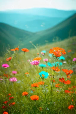 Old autochrome with bokeh patches, in the mountain,, wild delicate flowers in the wind, orange, pink, turquoise, red, in the sun, delicate, bokeh