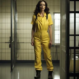 intalian Lola Glaudini as Ellie Greenaway wears agent provocateur prison yellow overalls she looks for evidences in boots; criminal minds, she stands in the police station