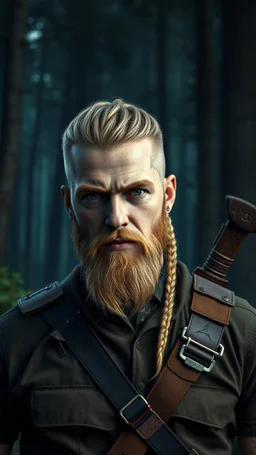 photorealistic hyperdetailed portait of 28-year-old german male, as mercenary with long blonde braided and undercut hair, tribal tattoos and neatly trimmed beard wearing modern mercenary uniform dark fantasy forest backdrop