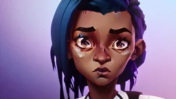 She's diminutive, with brown skin, short black dreadlocks hair. She has indigo blue eyes. She wore a long blue cape over a white dress.