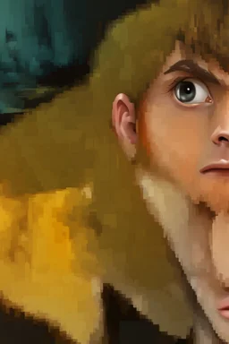 Redraw the cartoon character and fix the image resolution His hair is brown and long, but messy. His lips are closed, showing his bravery. His eyes are lined, showing his determination. He has shadows under his eyes, showing his stress and convert the drawing view 3D panel style digital Painting detailed with a panoramic scene Ultra-wide angle Highly realistic precise details Detailed