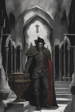 toomb of vampire Count Strahd Von Zarovich. Dark, gloomy, ebony coffin with brass. No people.