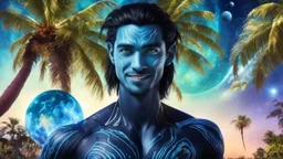 beautiful gorgeous young man na'vi with long hair, Avatar, blue skin, two small ears, green eyes, black hair, in cosmic suit, galactic ambiance, medium pointy goatee , smiling, with spaceship and planets and palm trees and clear crystaline cosmic beach in background