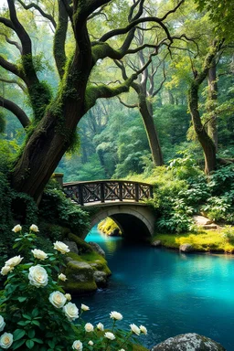 fabulous big magical beautiful Bridge among relict trees, tropical forest in some places covered with ivy, beautiful white roses, around blue beautiful river fantasy, photo