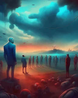 Bosch painting style, nightmare , an Ai robot watching a prisoners lined up in circle , one after another , great quality picture with cinematic scenes , heavy clouds in the background