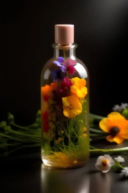 A bottle of shower gel filled with plant flowers