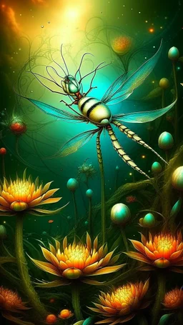 A beautiful colorful Dragonfly on a white flower Bosch painting style nightmare
