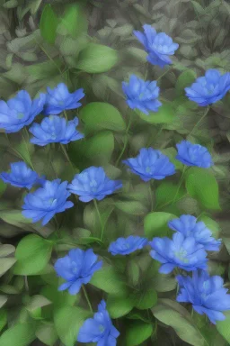 a bunch of blue flowers with green leaves, a digital rendering by Kanzan Shimomura, cgsociety, photorealism, rendered in maya, daz3d, photorealistic