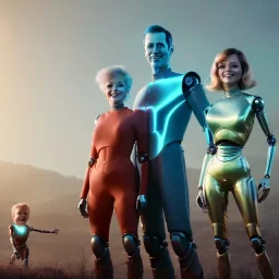 Ultra Realistic home family portrait. father. mother. daughter. alien pet. assistant robot. retro futuristic scene, barbarella style. smile, happy. highly detailed, concept art, unreal engine 5, ray tracing, RTX, lumen lighting, ultra detail, volumetric lighting, 3d, finely drawn, high definition, high resolution.