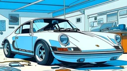 porche 911, white paint with blue decales, being worked on in a garage, cartoon style