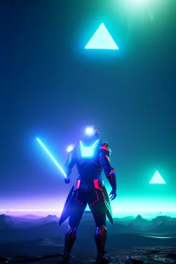 neon blue, floating triangle of light orbiting behind the back, cyber armor, geometric patterns on armor, male, orbiting triangle