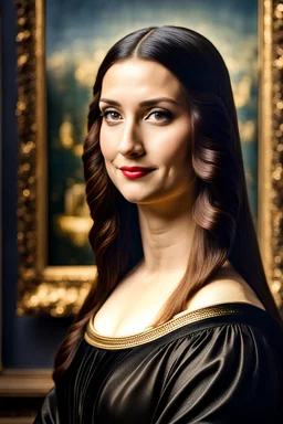 Photo of a natural looking Mona Lisa in a modern setting with different expression, modern hairdo, modern clothes, Professional photography, bokeh, natural lighting, canon lens, shot on dslr 64 megapixels sharp focus, not the traditional painting