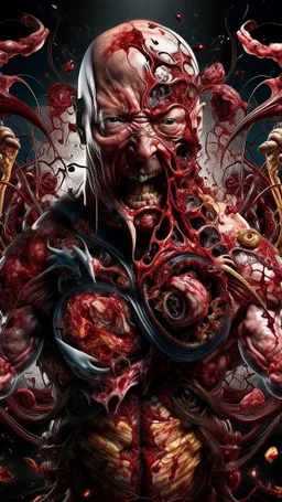 cinematic gore Bosch vs Dali style photorealistic photo of a mangled zipper-faced embryonic body wrestling itself in a fleshy vortex vortex, of anatomically fragmented, ripped apart again being flayed, skinned alive beating heart, muscles, blood vessels, bowels, entrails are exposed. Visceral anatomy. physiology. Their face and body opens with a zipper. Bosch and Dali inspired hallucinations. mythology. grotesque.