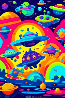 /imagine kids illustration space scene with monsters and flying saucers, cartoon style, thick lines, low detail, vivid color --ar 85:110