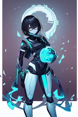 Cyberpunk hacker, black hair, short hair, cybernetic eyes, standing in mists, Female, dark art, Ivory Peach skin, cute