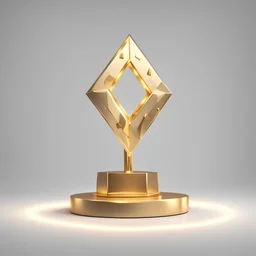 3d active, low poly, front view, cartoon, a gold sign with lettering on a white background stands on a small three-stage podium, The sign has the shape of a rhombus with rounded corners, The sign is made of glossy metal with gold plating, The sign is illuminated by two LED lamps on the sides, The light from the lamps falls on the letters, creating a halo effect. Details: scratch on the sign, shadow from the sign. Camera: frontal angle, 45°, 50 mm. Lighting: setting sun, LED lights, flashlight.