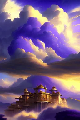 hills in the background, many mansions in the cloud and on the hills, majestic mansions, the sky is (((very cloudy))) and purple with the ((sun behind clouds)) bringing down (((golden sun rays from the clouds))) down, one big centered and derailed mansion, silver-gold-blue clouds, sharp, focused, enhanced, detailed, all houses and mansions are touched ((by golden sun ray)), digital painting, digital illustration, extreme detail, digital art, ultra hd, beautiful fantasy landscape, cosmic sky