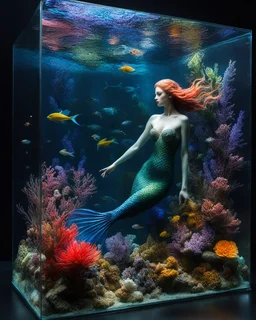 an beautiful mermaid swimming in glass box underwater aquarium on a display,glass flowers, high quality product image ,coral reef, flora and fauna, cosmic nebula, dark background christian dior style, with frozen flowers around her, stunning-design, beutifull, side profile artwork, glass paint, multicoloured, displayed, backlight