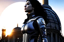 A slim Woman With Black shoulder length hair, Wearing a silver and black space suit, with no helmet, standing sot the right, sideways on a ledge of a building, with a moon Behind Her Head, towering spires and buildings highlighted by the setting sun