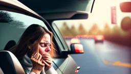 crying woman driving in hotel parking lot crying as she leaves to turn onto street