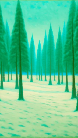 A cyan snowfield with evergreen trees painted by Georges Seurat