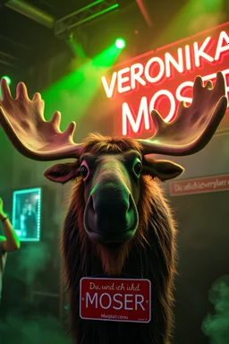 An big female moose with big eyes "Veronika Moser" performing at dance club, her name is "Moser" HAIRY FRUITS EVERYWERE On stage, Green Neon lights and smog, and "VERONIKA MOSER" big sign on the wall, "DU UND ICH UND MOSER" red plate sign