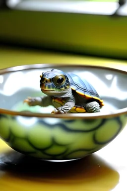 A little turtle in a bowl cup of water