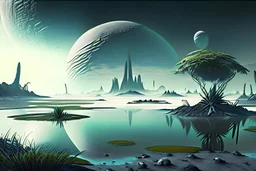 Alien landscape with grey exoplanet in the sky, Lagoon, vegetation, sci-fi, concept art, movie poster