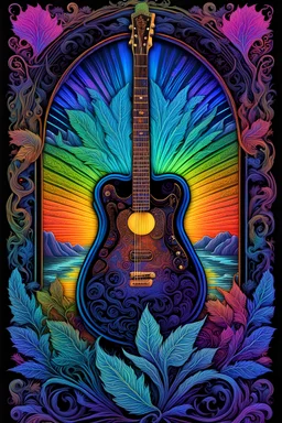 guitar George, 3D embossed textured ethereal image; midnight hues, extreme colors, guitar George by a river; trippin', psychedelic, groovy, art nouveau; indica, sativa, leaves, gig poster art, macabre, eldritch, bizarre, extreme neon colors, mixed media, velvet, blacklight, uv
