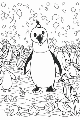 HAPPY NEW YEAR coloring page for kids, A cute penguin parade with confetti in a chilly Arctic scene, thick outline, low details, no shading, no color