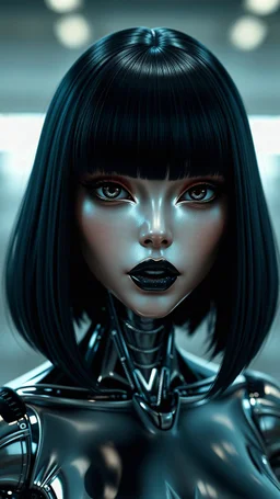 attractive female animatronic, long black bob hair, hair bangs past the eyes, completely metallic skin, glossy black lips, digital painting, digital illustration, extreme detail, digital art, 4k, ultra hd, hyper realism,