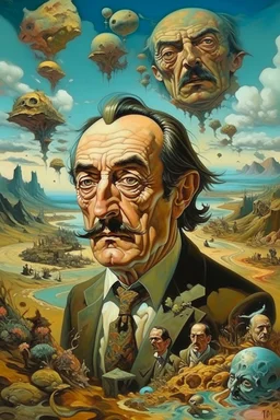 The painting of Salvador Dali in the style of grotesque caricatures, hyperrealistic landscapes, #pixelart, richly detailed genre paintings, time-lapse photography, haunting structures, zombiecore , in the style of quirky figurative ian spriggs paul barson comical figurative jim lively.