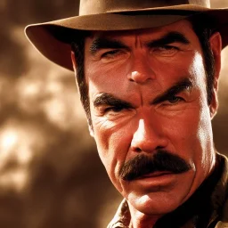 Tom Selleck, as Indiana Jones, dramatic light, close up, smoky background, high detail, cinematic, vignette