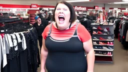 crazy chubby woman yelling at famous footwear