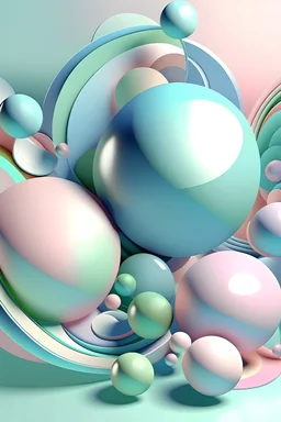 abstract render of subtle pastel iridescent and holographic geometric 5 organic shapes/circles flying