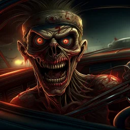 In the style of Heavy metal Magazine, close up of fantastical cursed Zombie NASCAR racer with red glowing eyes determinedly gripping the steering wheel, screaming, horror, intricately detailed, complex contrast, dynamic composition; cinematic lighting; meticulously composed concept art, masterpiece, cell-shaded