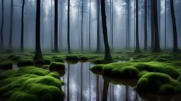 realistic photo of an outdoor scene of a tranquil foggy swamp like forest with thin trees, healthy greens, blue sky