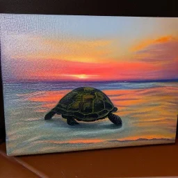 oil painting turtle and sunset