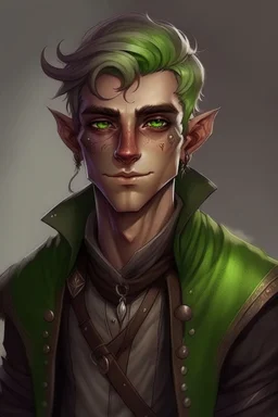 Young male wood elf, rogue, light brown skin, bright green eyes, mauve hair, black leather, mischievous