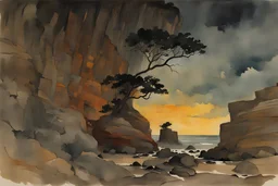 night, clouds, rocks, dry trees, sci-fi, cliffs, fantasy, winslow homer watercolor paintings